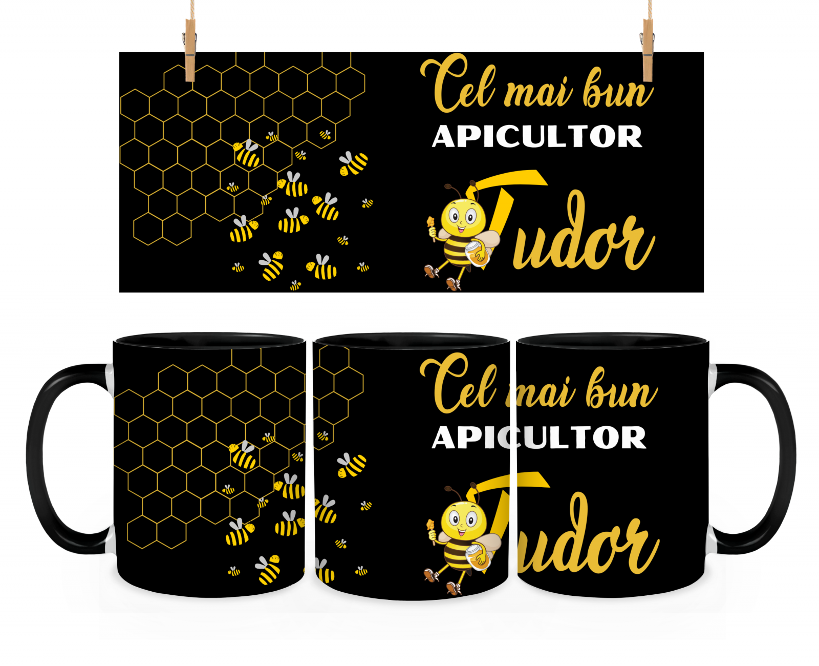 Cană cadou pentru apicultori cu albine  si miere, culoare neagra, eCADOU, CAP10001