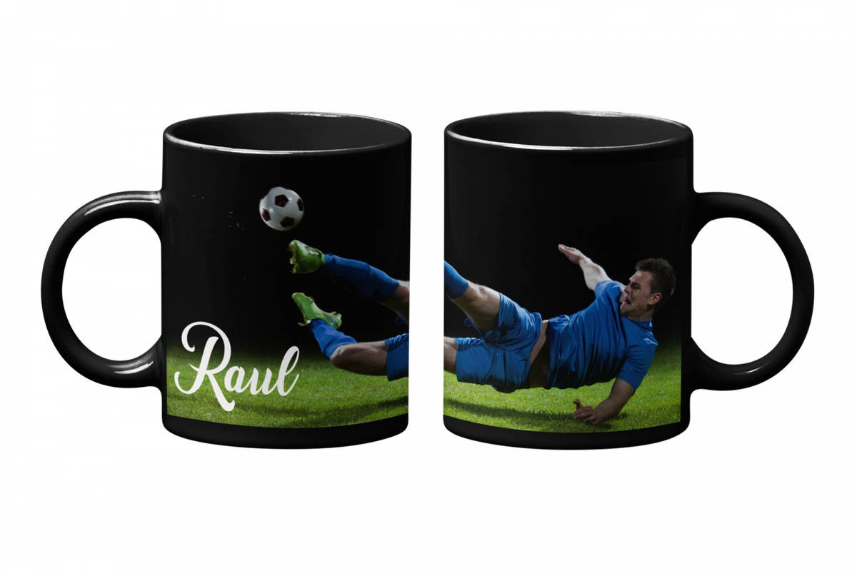 Cană personalizată fotbal cu poză și nume sau text CPF10012, culoare neagra, eCADOU