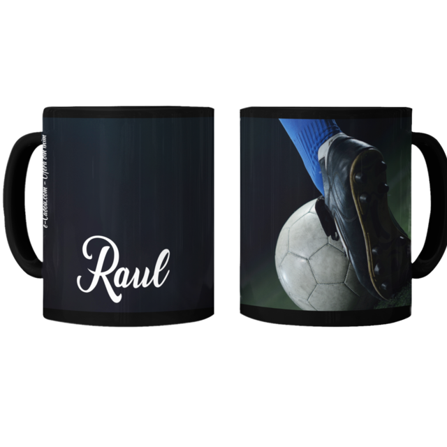 Cană personalizată fotbal cu poză și nume CPF10013, culoare neagra, eCADOU