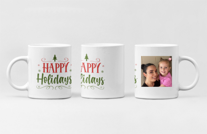 Cană personalizata - model cu Happy Holidays si poza, tematica de Craciun