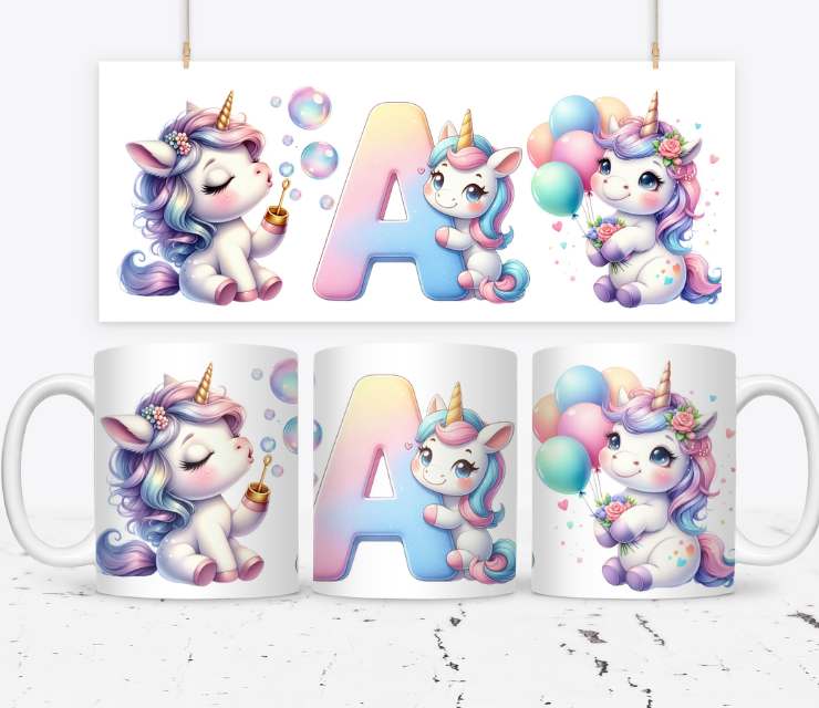 Cană Unicorn personalizată pentru fetite cu printese  KID1007 litera A
