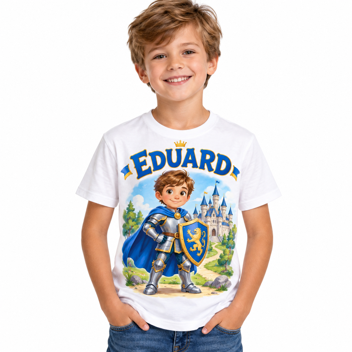 Tricou alb pentru băieți cu cavaler și numele Eduard – imagine 1