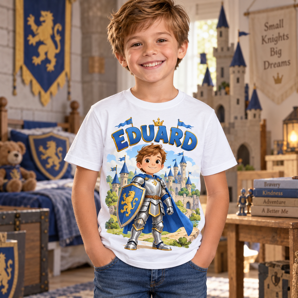 Tricou alb pentru băieți cu cavaler și numele Eduard – imagine 2