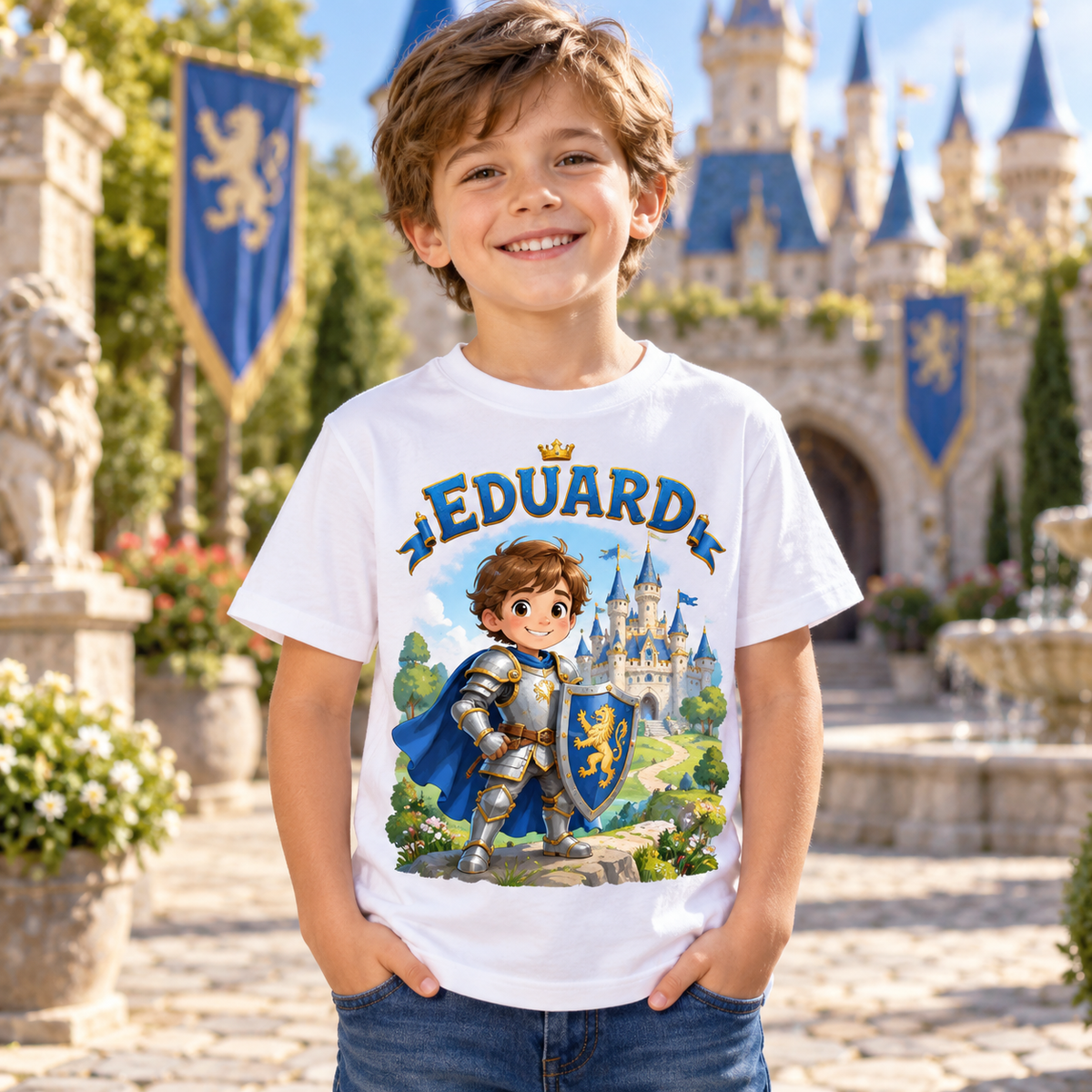 Tricou alb pentru băieți cu cavaler și numele Eduard – imagine 3