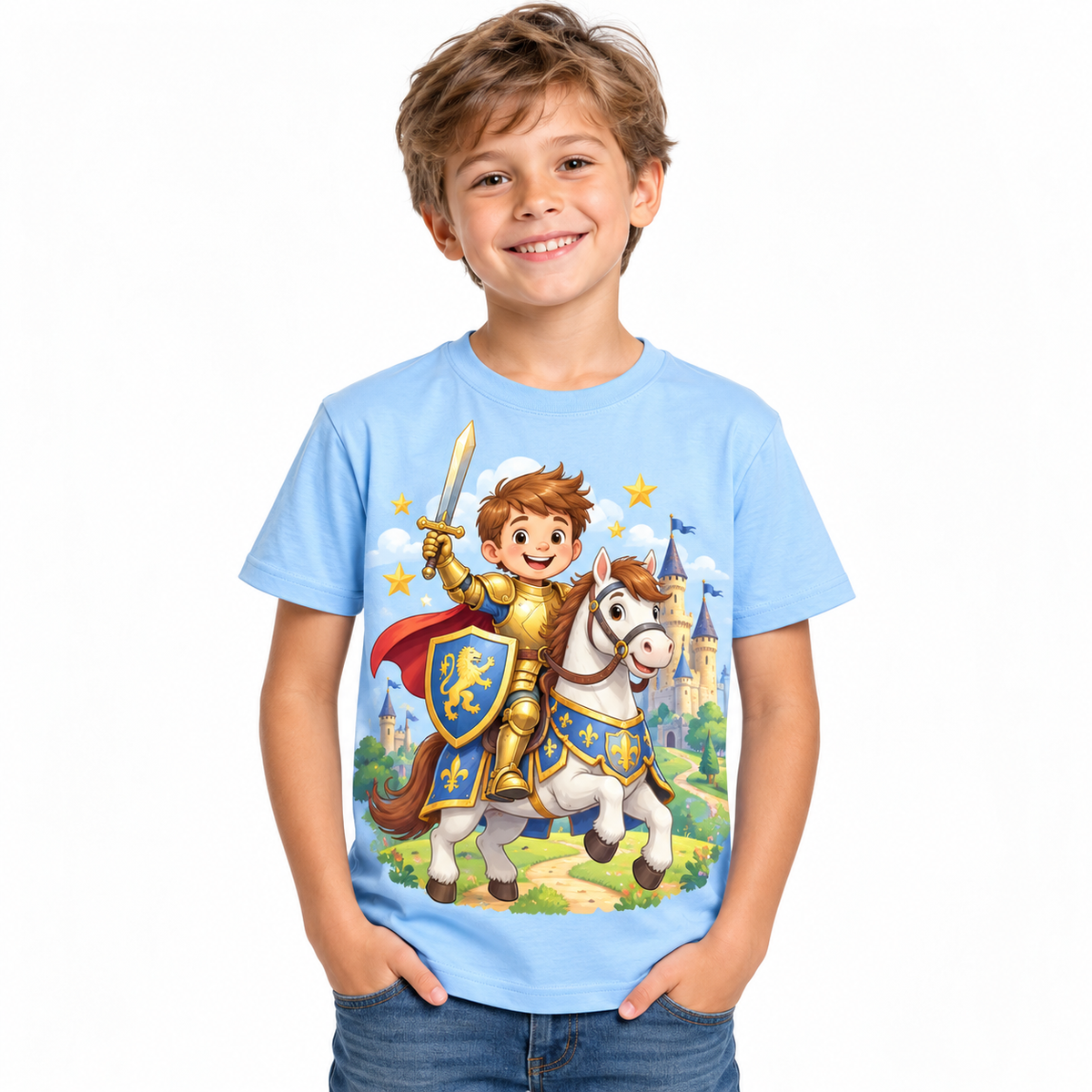 Tricou bleu pentru băieți cu cavaler călare – imagine 1