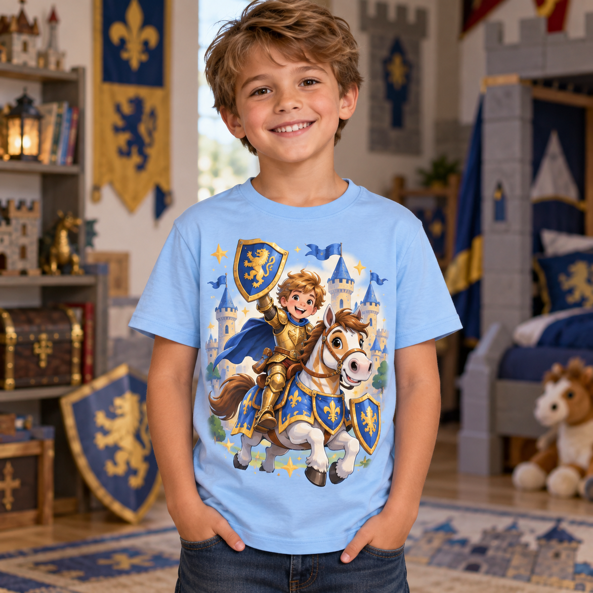 Tricou bleu pentru băieți cu cavaler călare – imagine 2