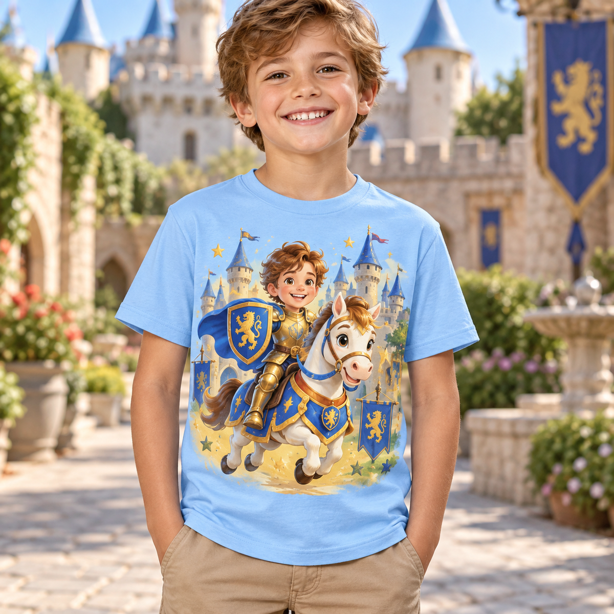 Tricou bleu pentru băieți cu cavaler călare – imagine 3
