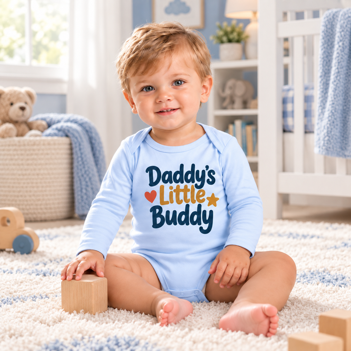 Body sau tricou personalizat pentru bebeluși Daddy’s Little Buddy – imagine ambient