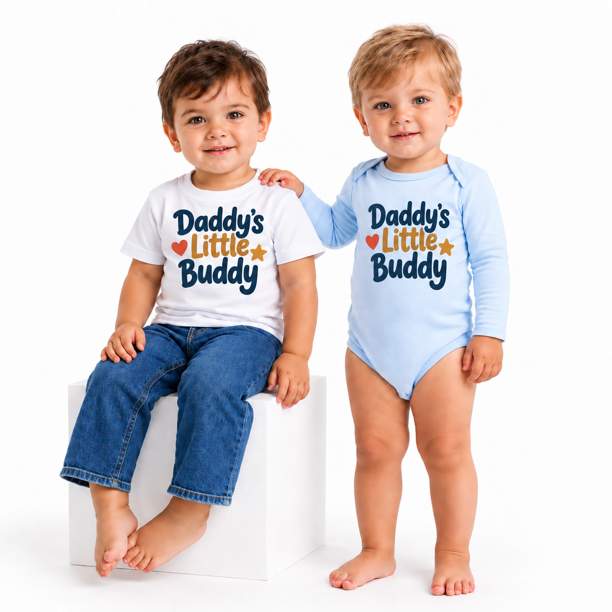 Body și tricou personalizat pentru bebeluși Daddy’s Little Buddy – fundal alb