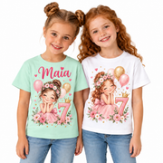 Tricou aniversar pentru fetițe cu flori și cifra 7 – fotografie principală pe fundal alb