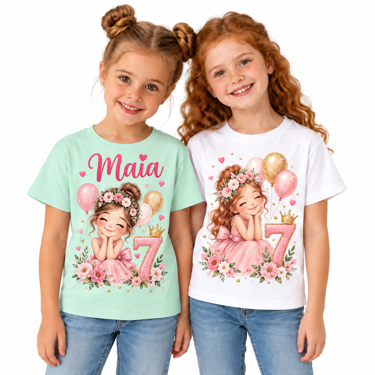 Tricou aniversar pentru fetițe cu flori și cifra 7 – fotografie principală pe fundal alb