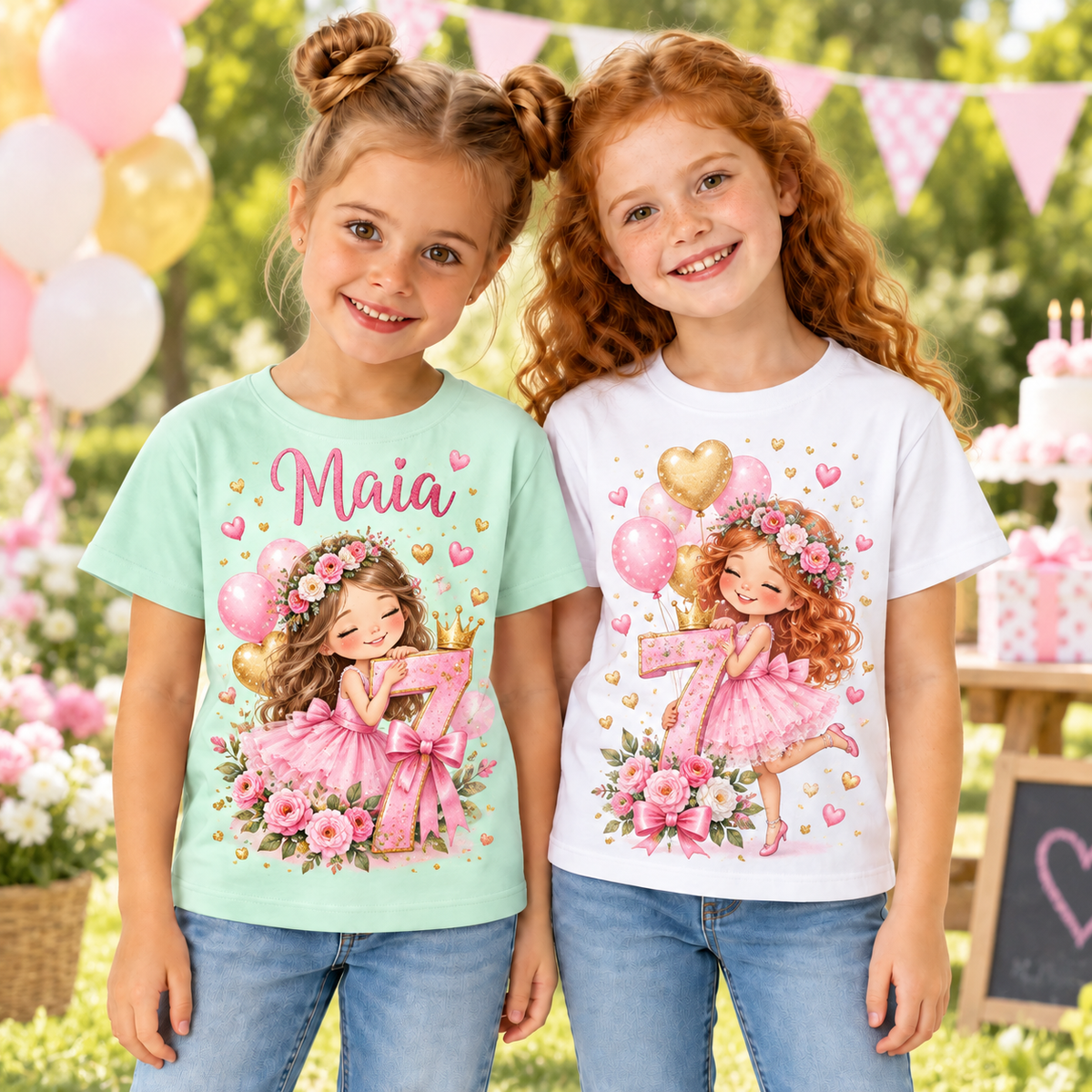 Tricou aniversar pentru fetițe cu flori și cifra 7 – fotografie lifestyle