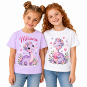 Tricou pentru fetițe cu dinozaur pastel și flori – fotografie principală pe fundal alb