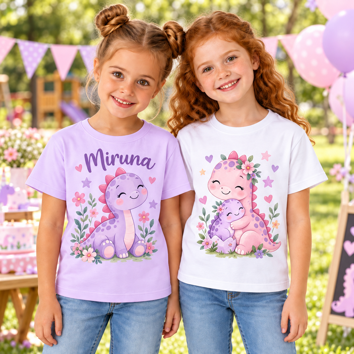 Tricou pentru fetițe cu dinozaur pastel și flori – fotografie lifestyle