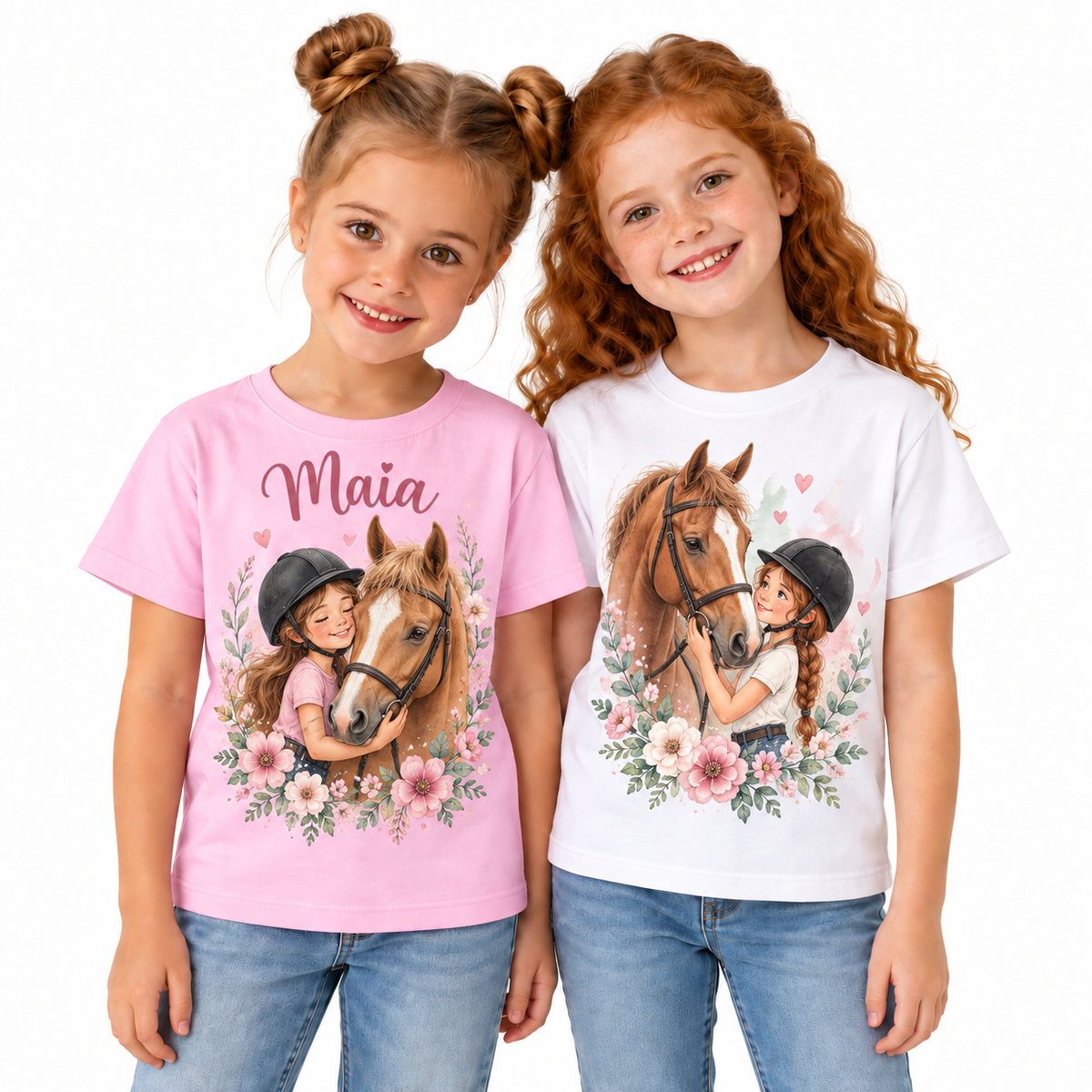 Tricou pentru fetițe cu călăreață, cal și flori – fotografie principală pe fundal alb