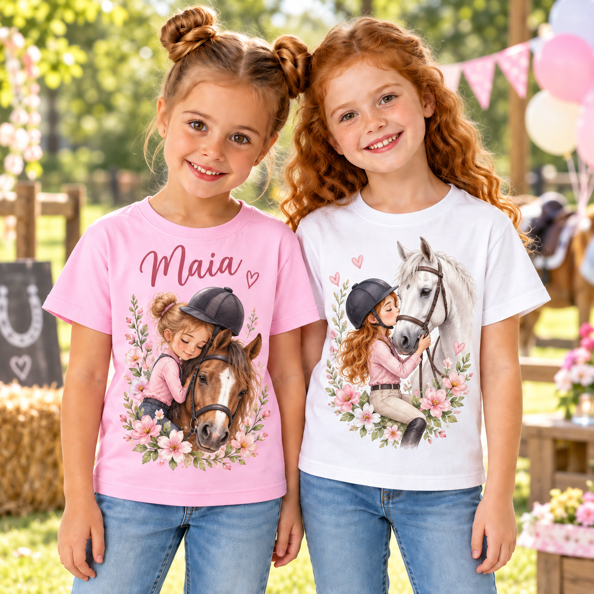 Tricou pentru fetițe cu călăreață, cal și flori – fotografie lifestyle