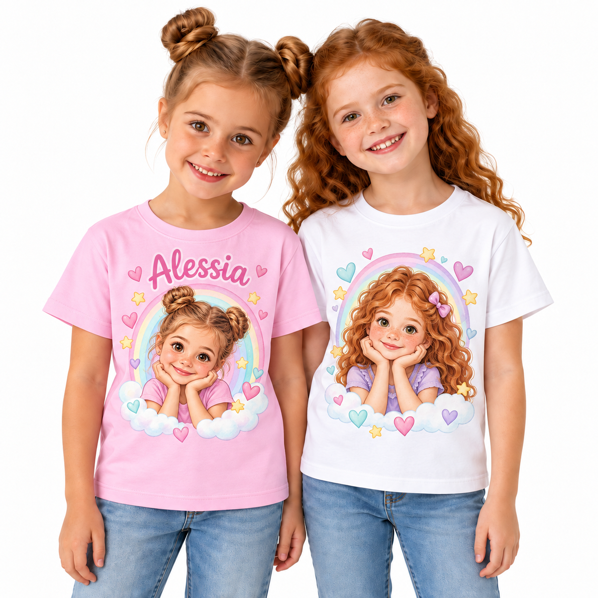 Tricou pentru fetițe cu fotografie și curcubeu pastel – fotografie principală pe fundal alb