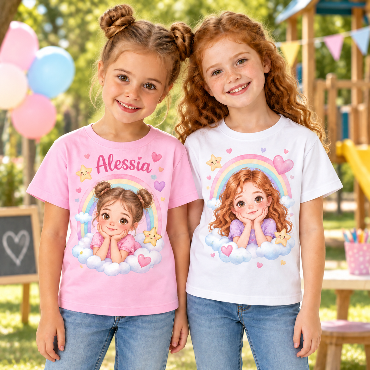 Tricou pentru fetițe cu fotografie și curcubeu pastel – fotografie lifestyle