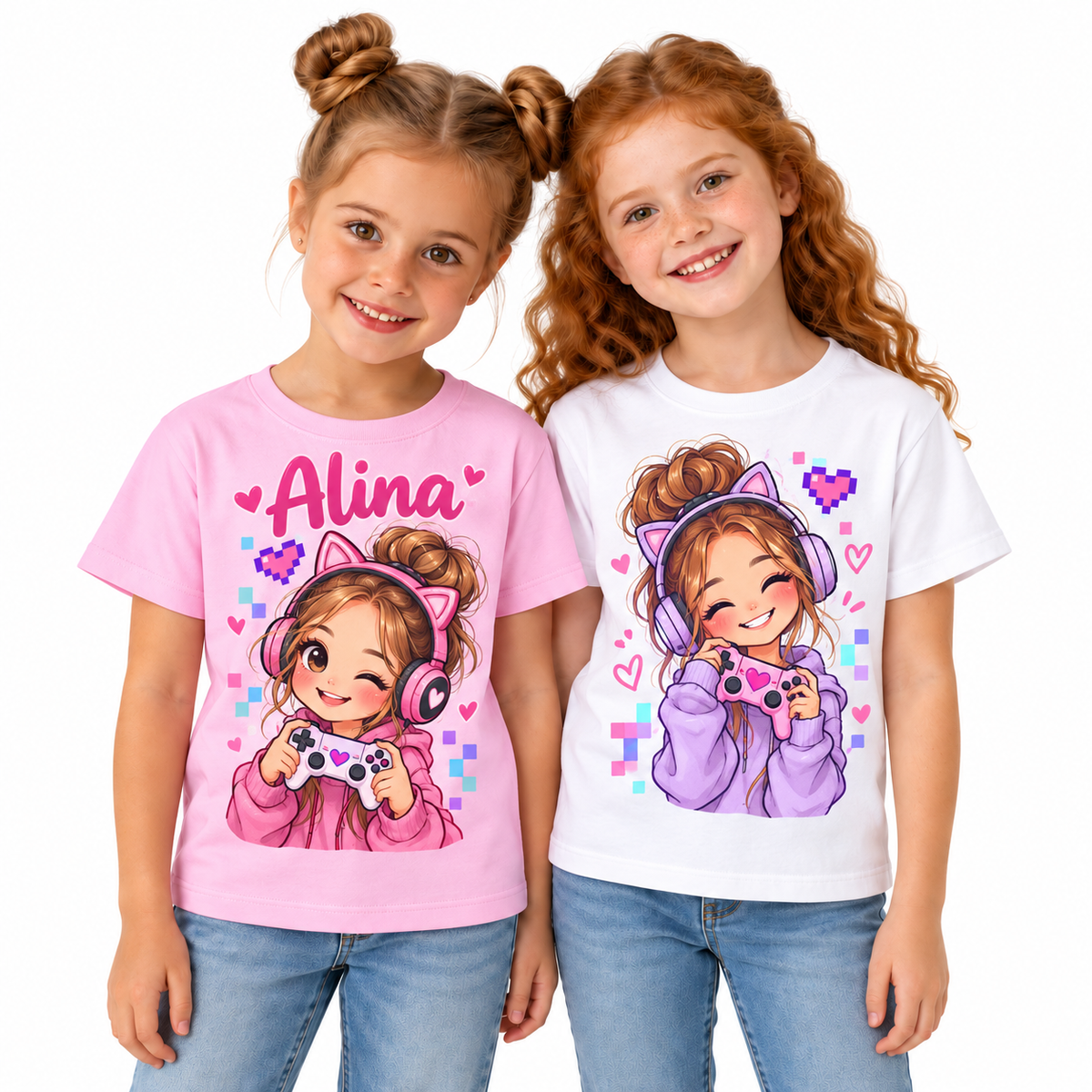 Tricou pentru fetițe Gamer Girl cu consolă și căști – fotografie principală pe fundal alb