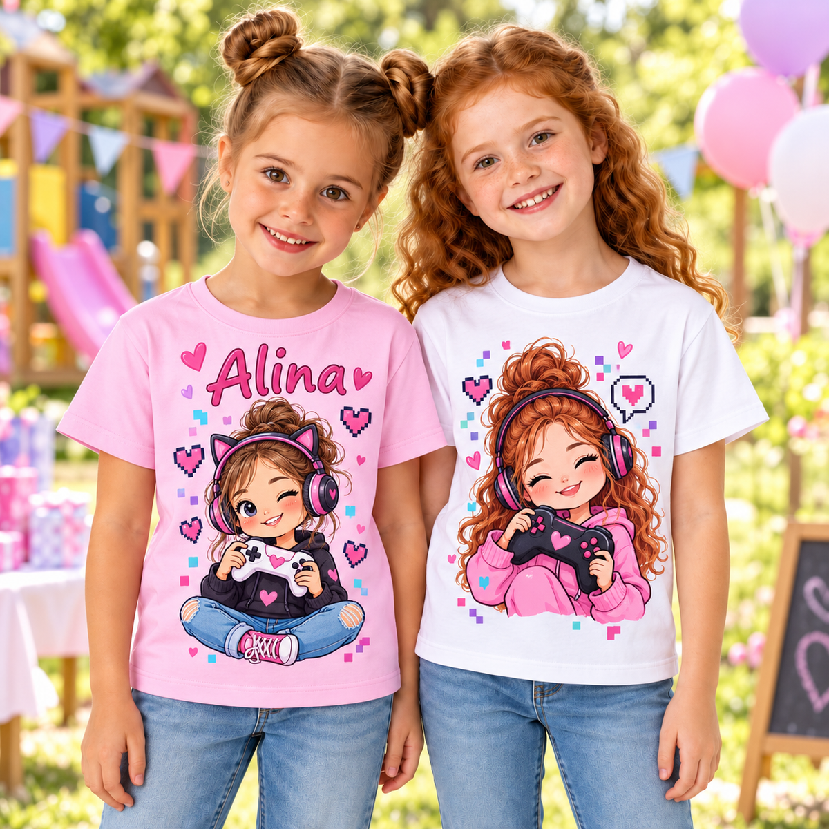 Tricou pentru fetițe Gamer Girl cu consolă și căști – fotografie lifestyle