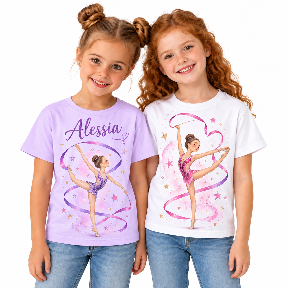Tricou pentru fetițe cu gimnastă și panglică – fotografie principală pe fundal alb