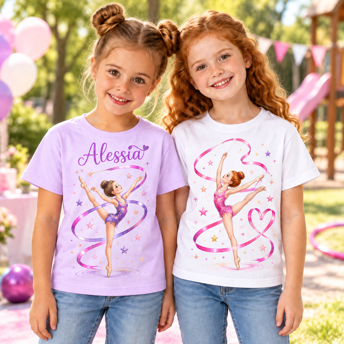 Tricou pentru fetițe cu gimnastă și panglică – fotografie lifestyle