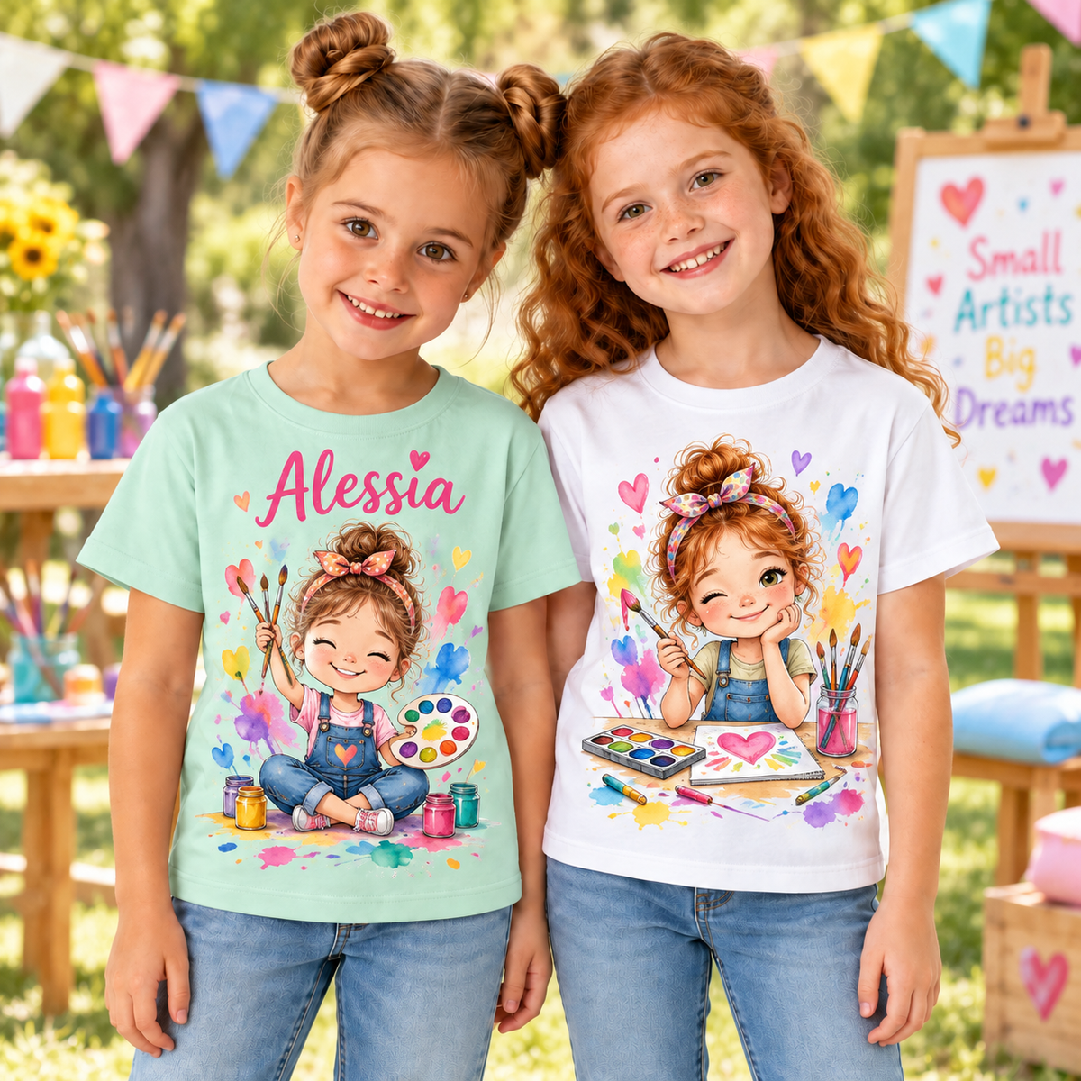 Tricou pentru fetițe cu pensule și acuarele – fotografie lifestyle