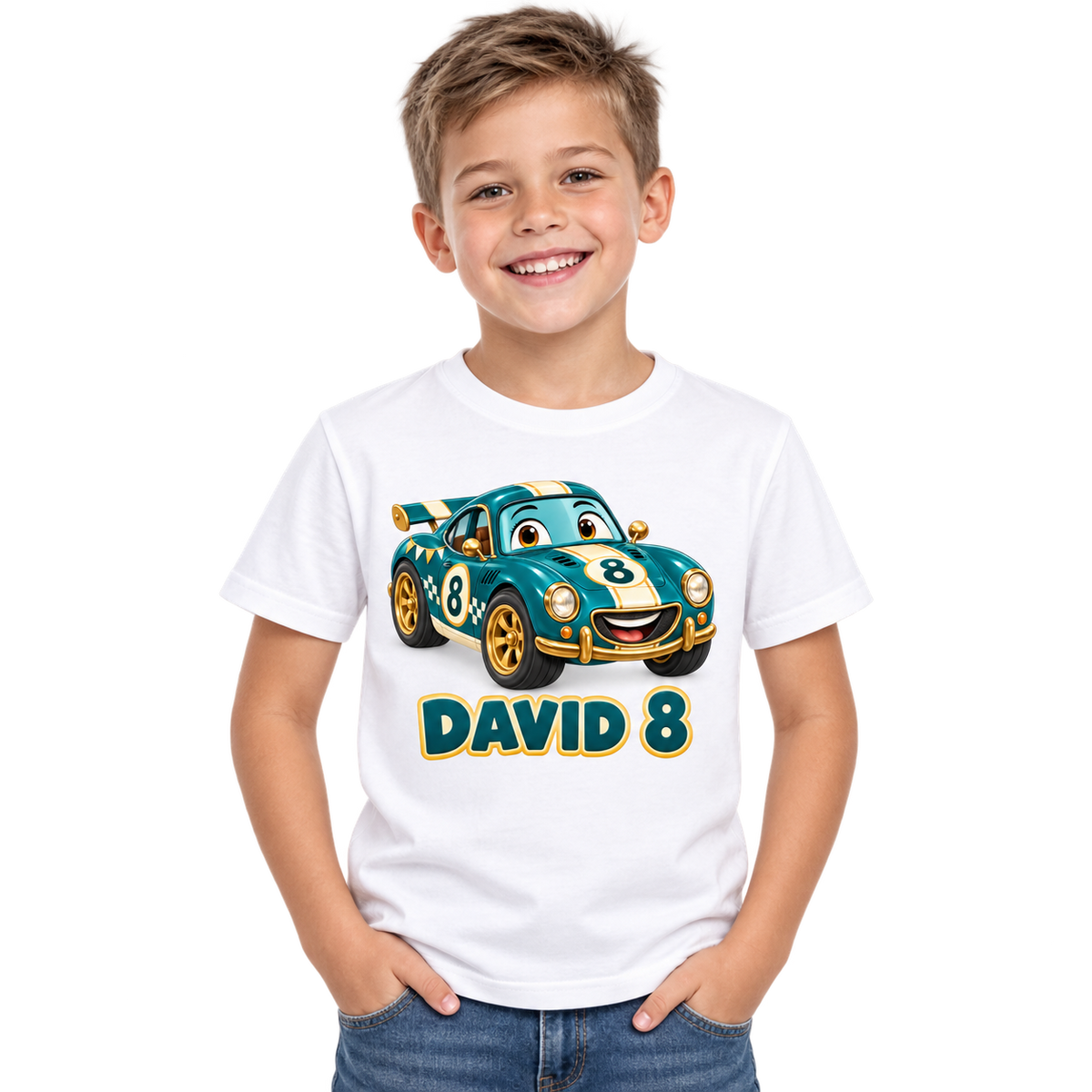 Campionul Elegant – copil cu tricou pe fundal alb