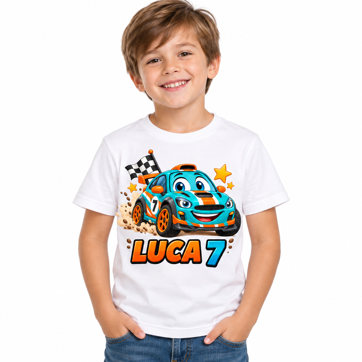 Campionul Turcoaz – copil cu tricou pe fundal alb