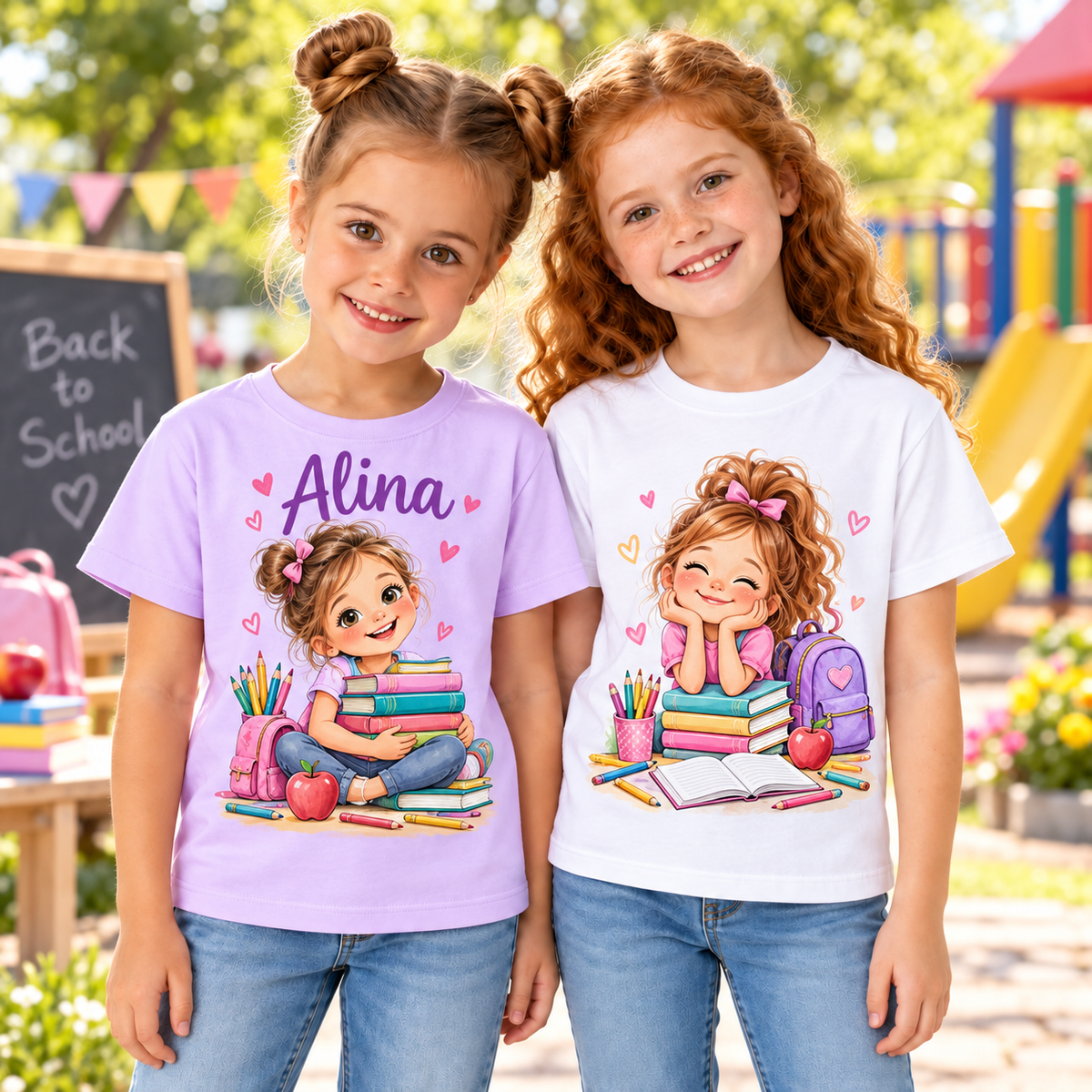 Tricou pentru fetițe cu cărți, creioane și ghiozdan – fotografie lifestyle