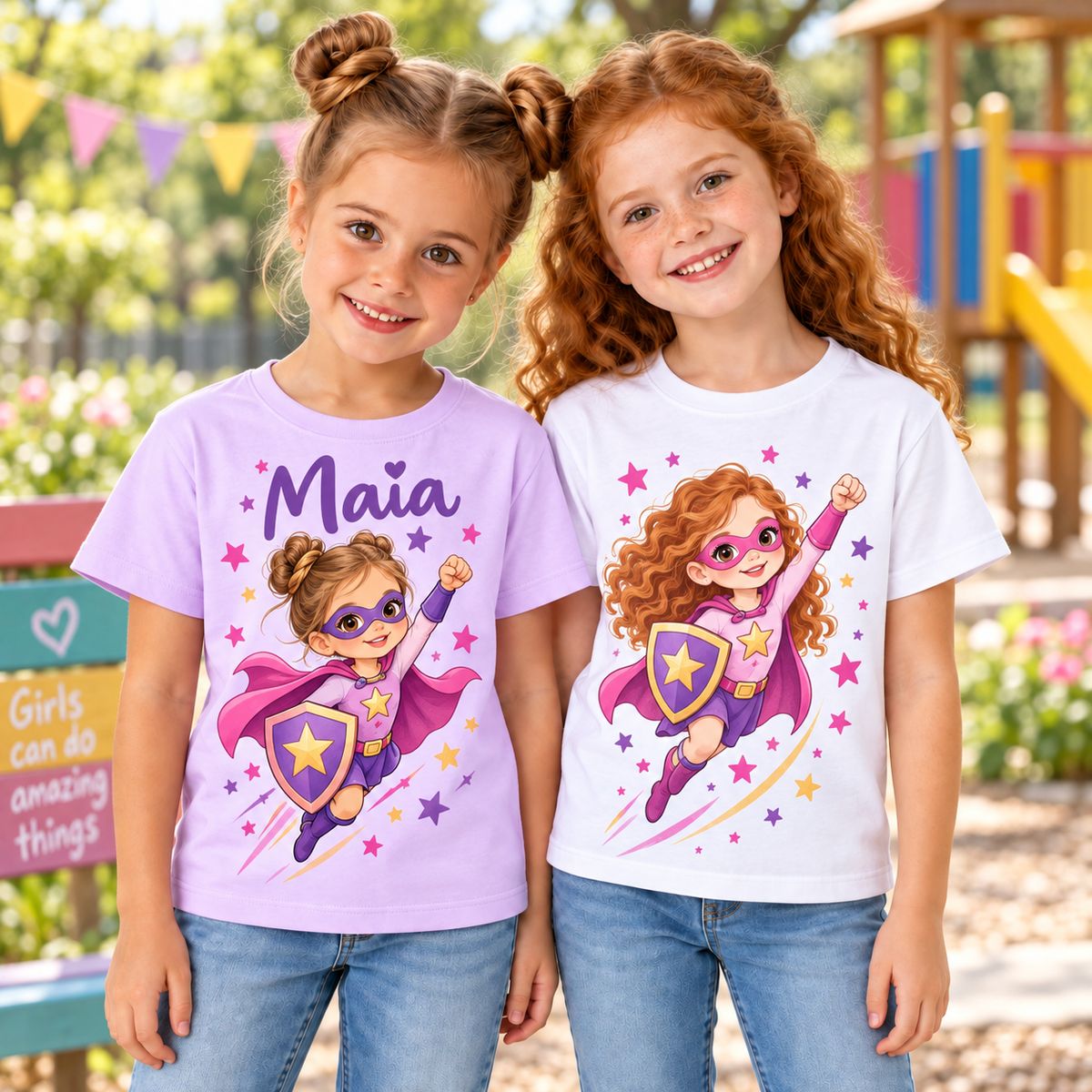 Tricou pentru fetițe cu supereroină, pelerină și stele – fotografie lifestyle