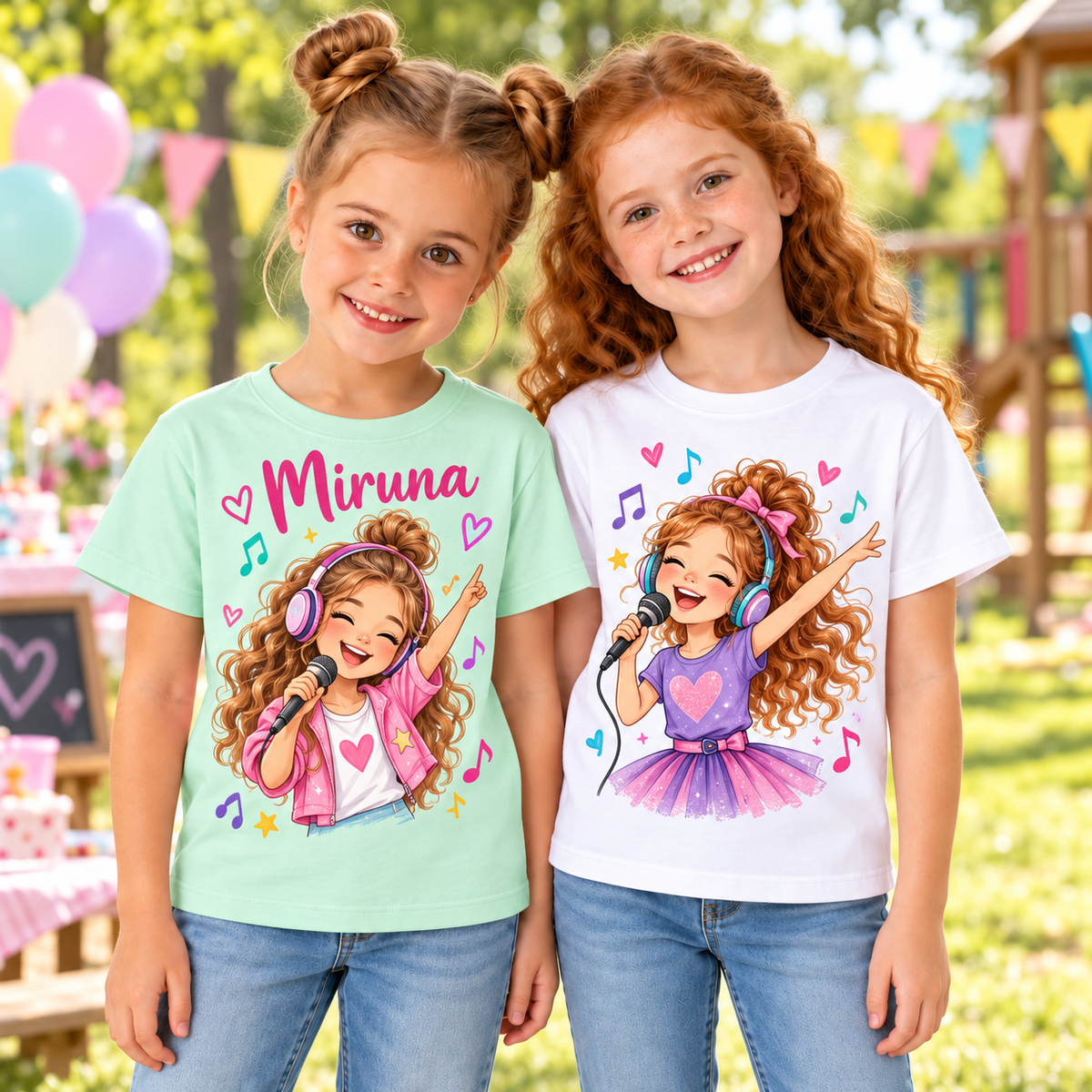 Tricou pentru fetițe cu microfon, căști și muzică – fotografie lifestyle