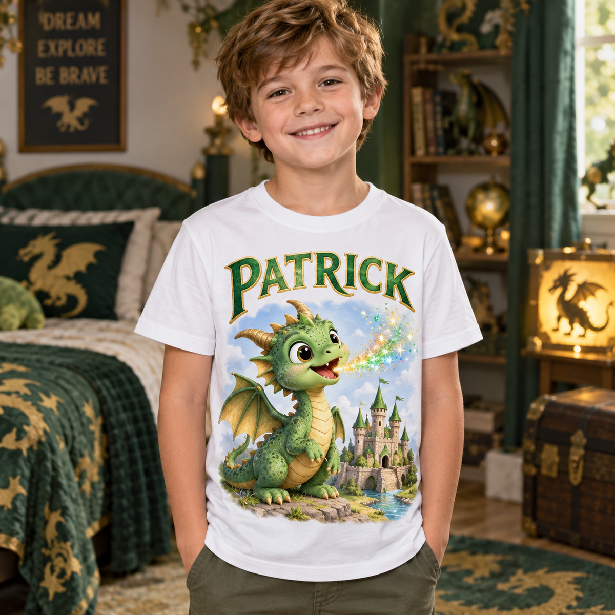 Tricou alb pentru băieți cu dragon și numele Patrick – imagine 2