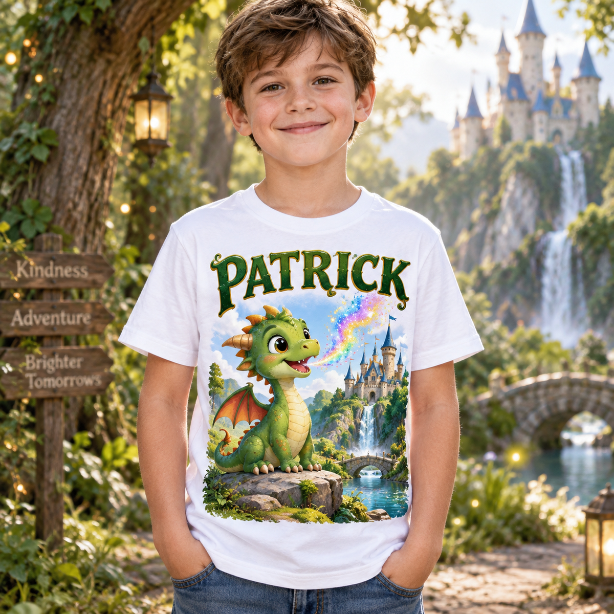 Tricou alb pentru băieți cu dragon și numele Patrick – imagine 3