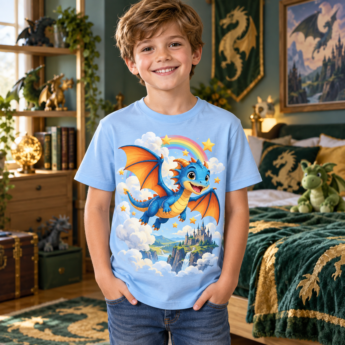 Tricou bleu pentru băieți cu dragon printre nori – imagine 2