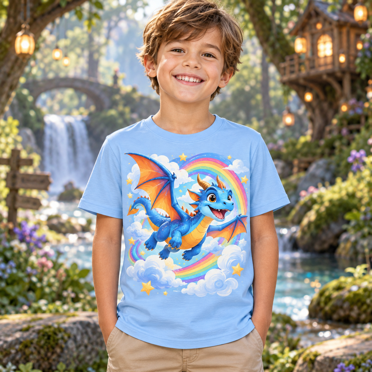 Tricou bleu pentru băieți cu dragon printre nori – imagine 3