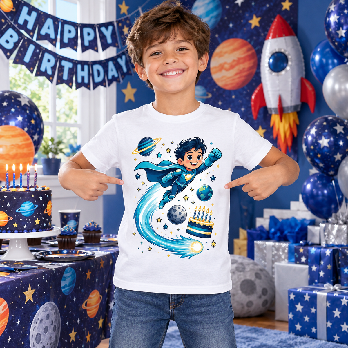 Tricou aniversar personalizat – Eroul Cosmic cu Tort – imagine 2