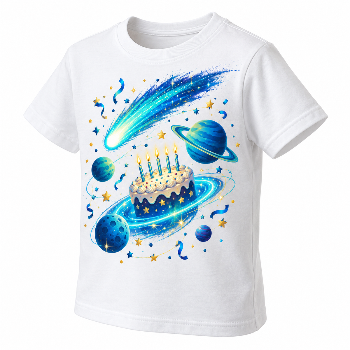 Tricou aniversar personalizat – Eroul Cosmic cu Tort – imagine 3