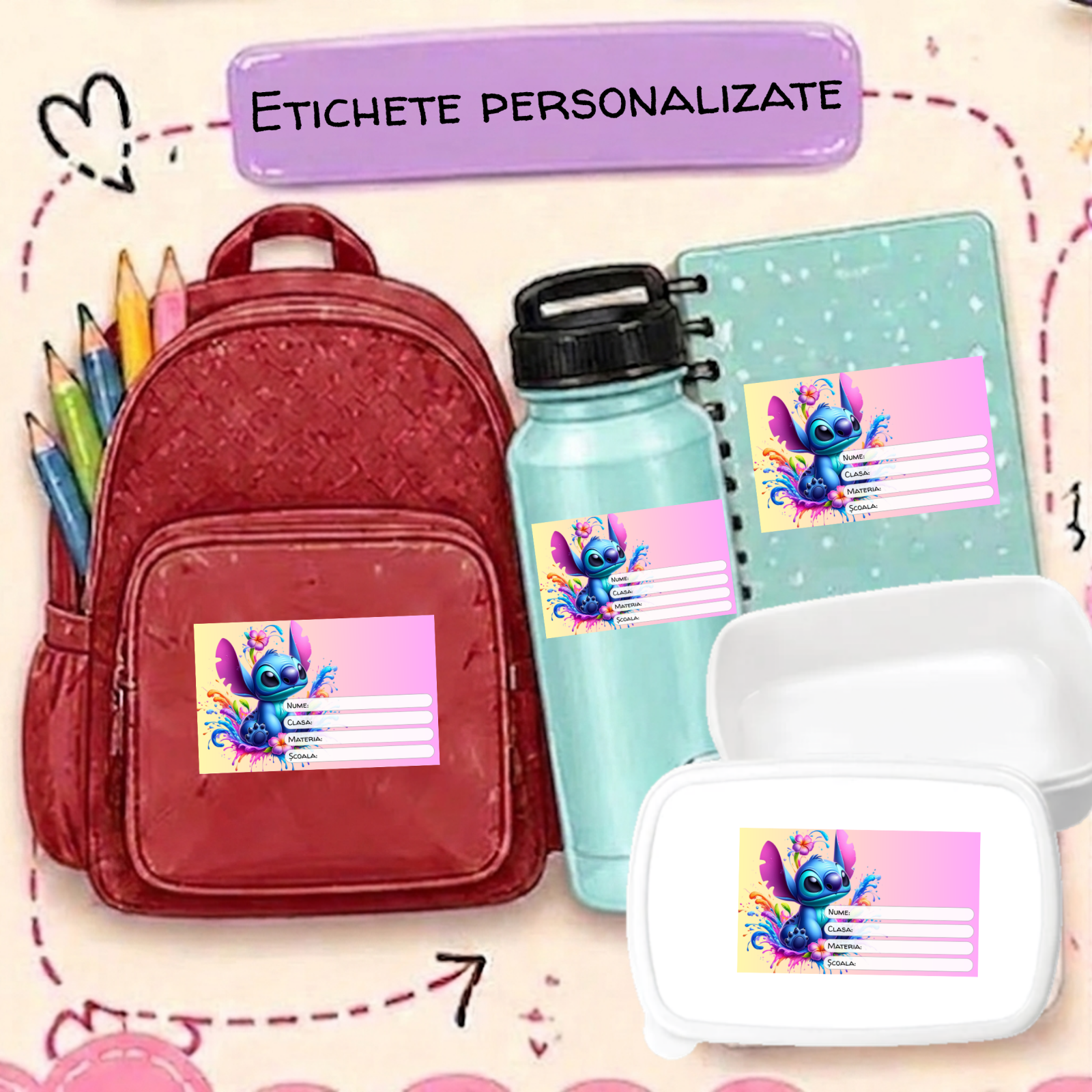 Etichete Școlare cu Nume Stitch– Stickere Autoadezive pentru Copii ❤️ E-Cadou.com - e-CADOU