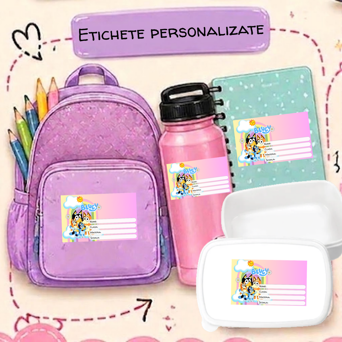 Etichete Școlare cu Nume Bluey– Stickere Autoadezive pentru Copii ❤️ E-Cadou.com - e-CADOU