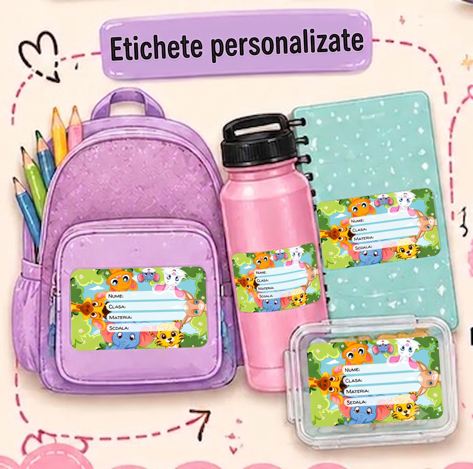 Etichete Școlare cu Nume Tematica Animale– Stickere Autoadezive pentru Copii ❤️ E-Cadou.com - e-CADOU