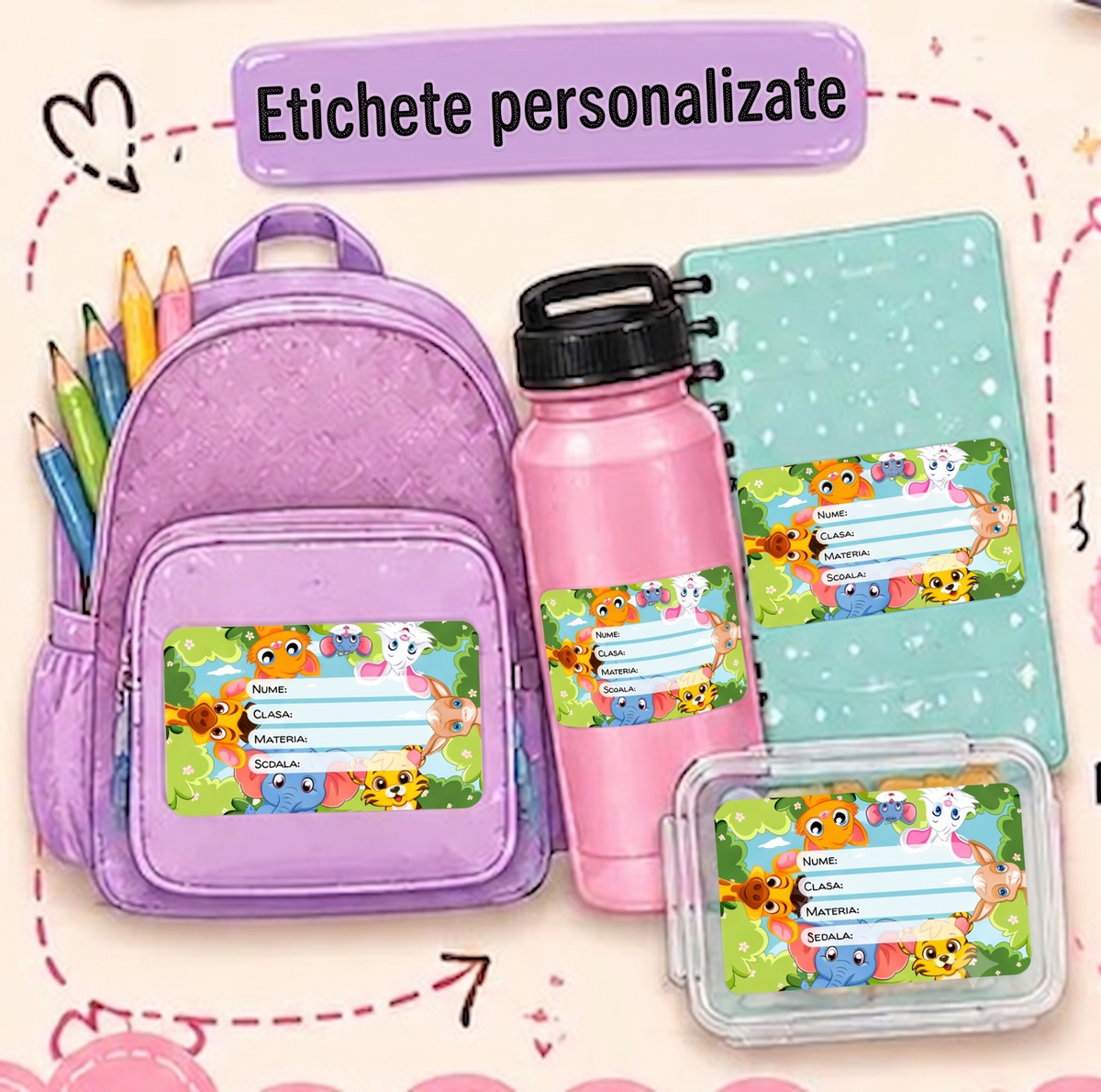 Etichete Școlare cu Nume Tematica Animale– Stickere Autoadezive pentru Copii ❤️ E-Cadou.com - e-CADOU