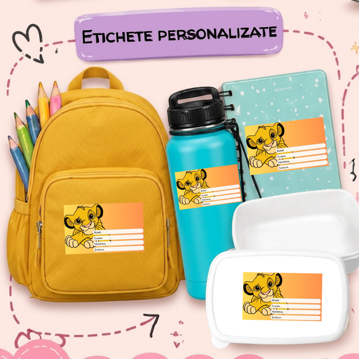 Etichete Școlare cu Nume Simba– Stickere Autoadezive pentru Copii ❤️ E-Cadou.com - e-CADOU