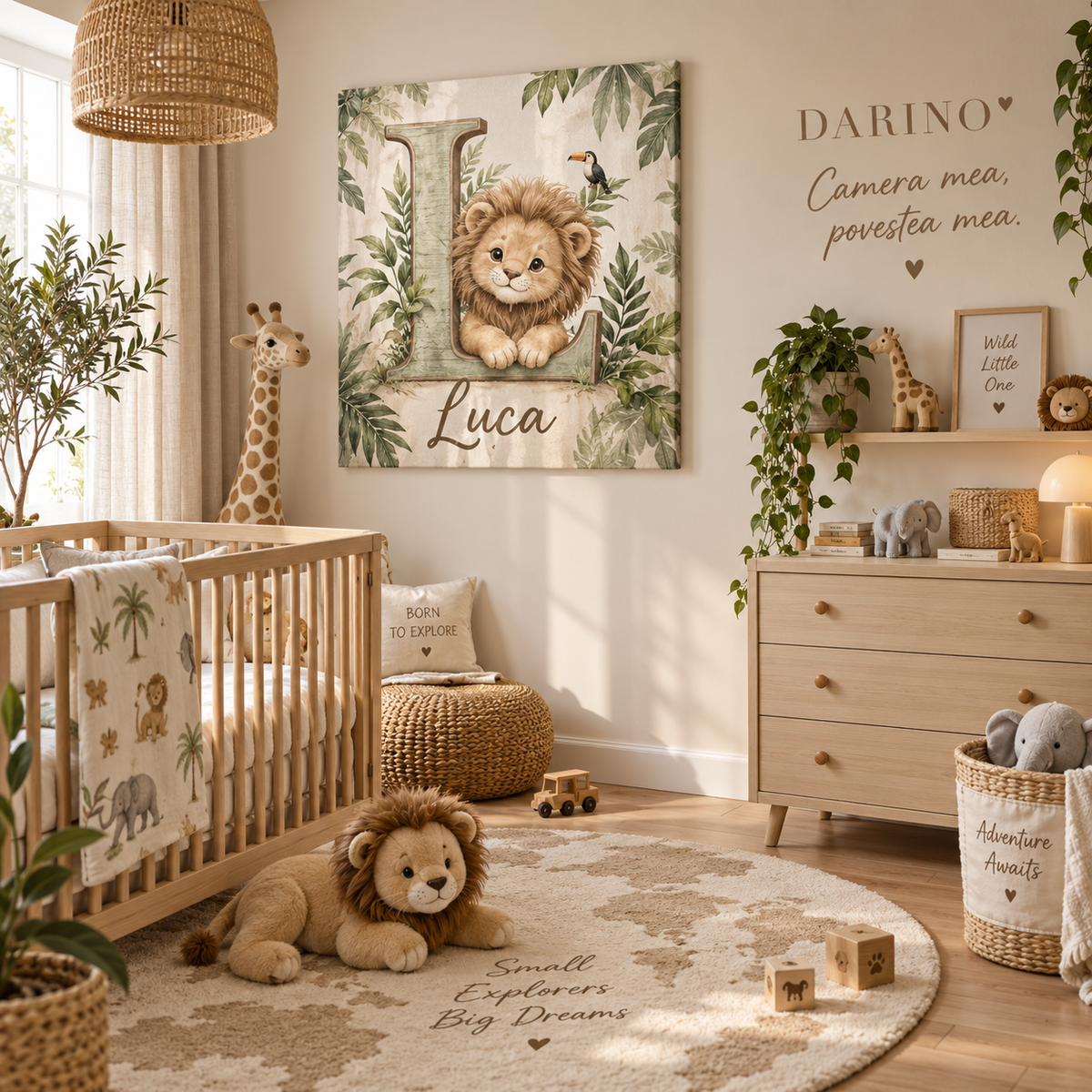 Tablou Canvas Personalizat Safari cu Leu și Inițială