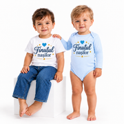 Body și tricou personalizat pentru bebeluși Finuțul nașilor – fundal alb