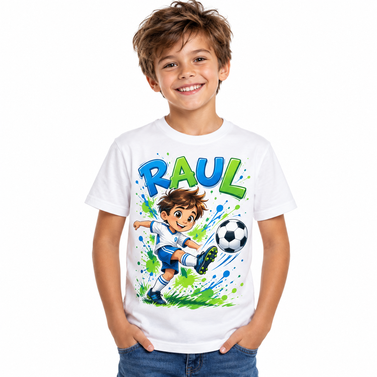 Tricou alb pentru băieți cu fotbalist și numele Raul – imagine 1