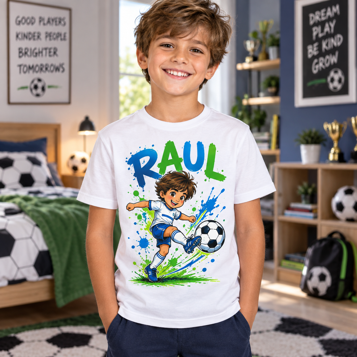 Tricou alb pentru băieți cu fotbalist și numele Raul – imagine 2