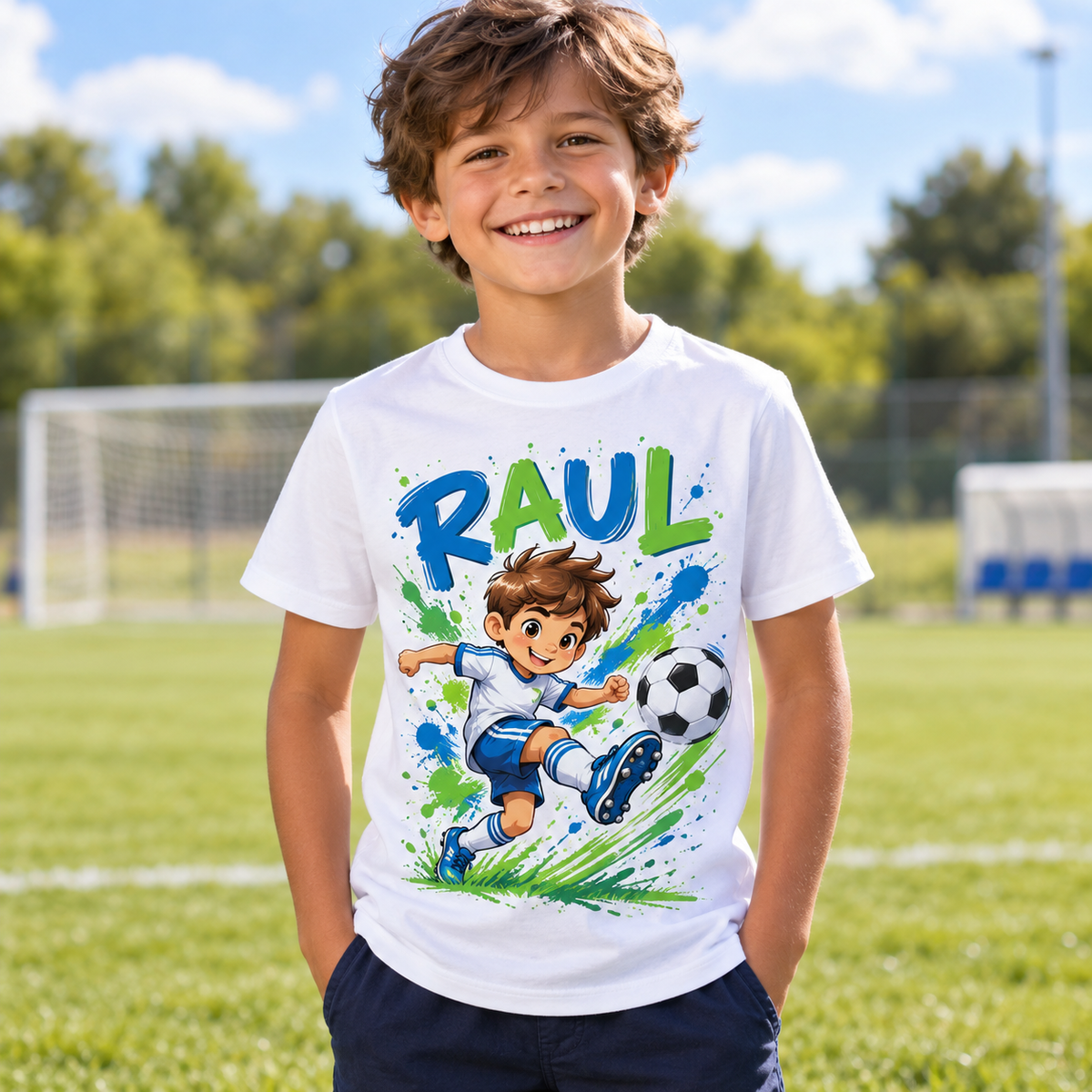 Tricou alb pentru băieți cu fotbalist și numele Raul – imagine 3