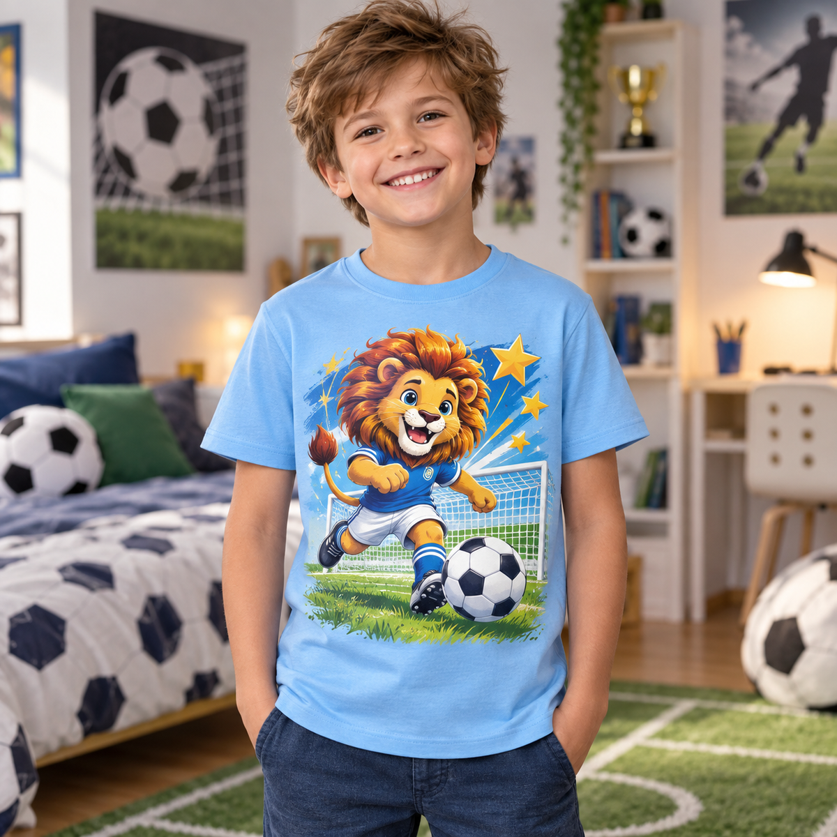 Tricou bleu pentru băieți cu leu fotbalist – imagine 2