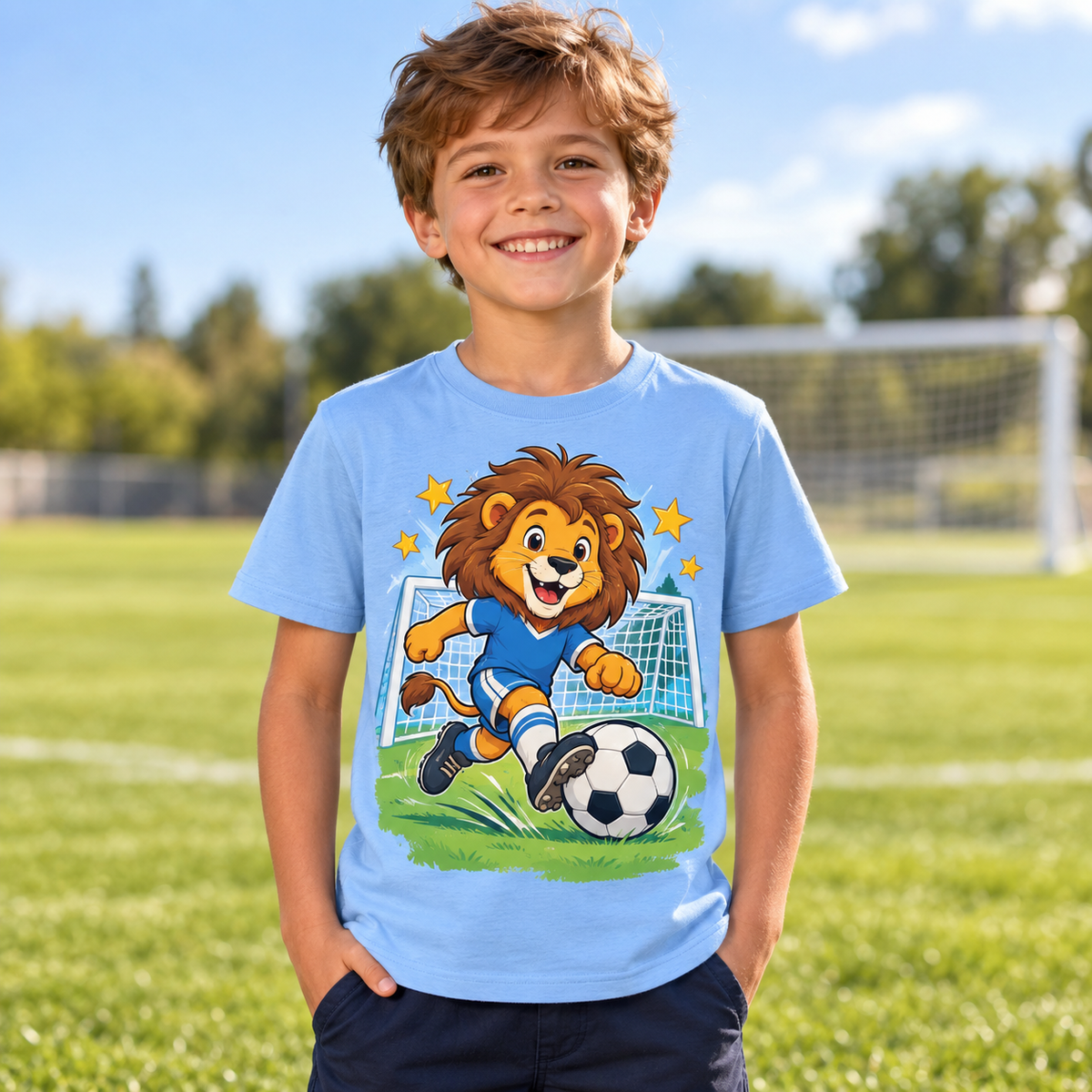 Tricou bleu pentru băieți cu leu fotbalist – imagine 3